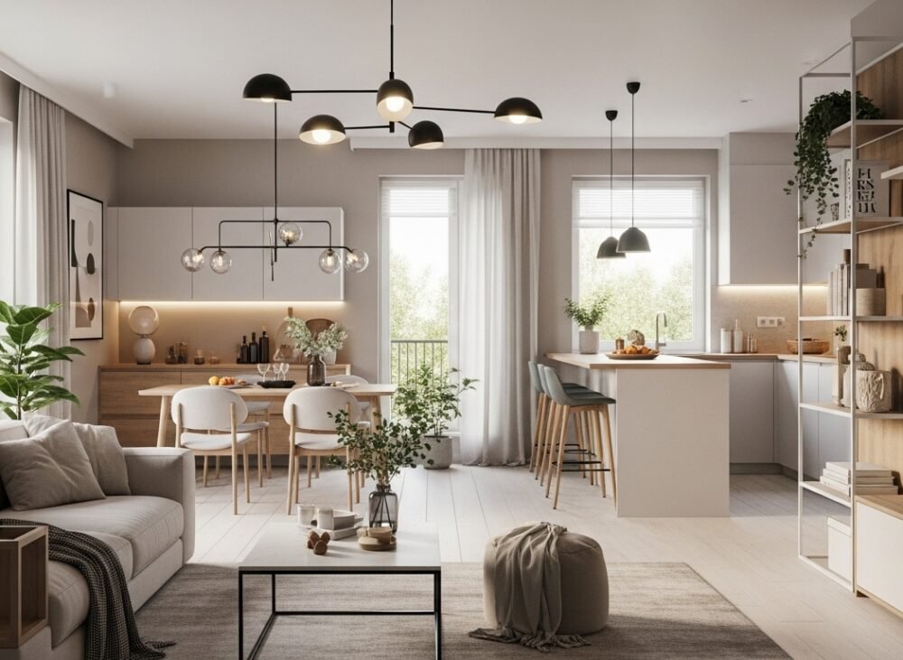 A modern living space designed with functional elegance. Open-plan layout connecting living, dining, and kitchen. Neutral tones of beige, cream, and light grey with warm wooden accents. Large windows allow natural light to flood the room, with indoor plants adding a biophilic touch. Minimalist furniture including a comfortable sofa with storage, sleek coffee table, and modular shelving. Smart lighting fixtures create a cozy atmosphere. A mix of contemporary style and comfort, blending practicality with beauty in a realistic and inviting design.