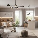 A modern living space designed with functional elegance. Open-plan layout connecting living, dining, and kitchen. Neutral tones of beige, cream, and light grey with warm wooden accents. Large windows allow natural light to flood the room, with indoor plants adding a biophilic touch. Minimalist furniture including a comfortable sofa with storage, sleek coffee table, and modular shelving. Smart lighting fixtures create a cozy atmosphere. A mix of contemporary style and comfort, blending practicality with beauty in a realistic and inviting design.