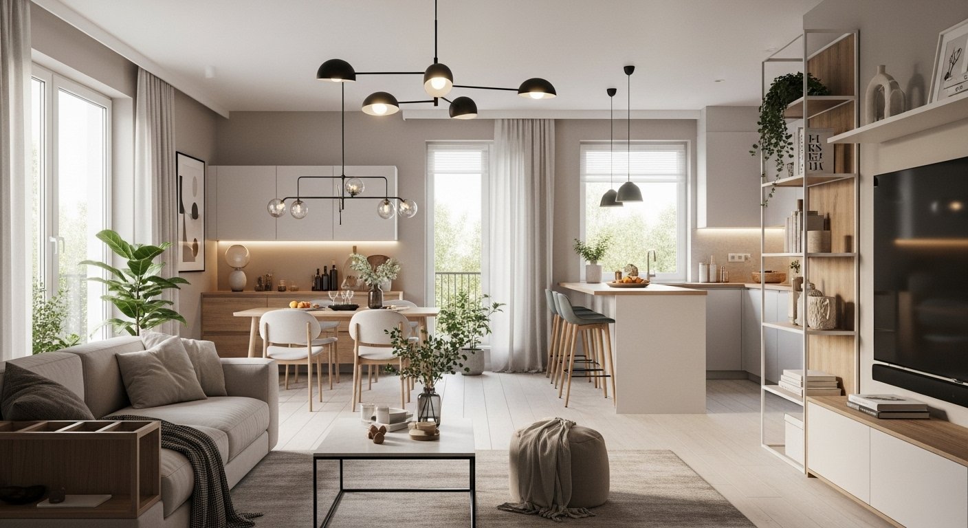 A modern living space designed with functional elegance. Open-plan layout connecting living, dining, and kitchen. Neutral tones of beige, cream, and light grey with warm wooden accents. Large windows allow natural light to flood the room, with indoor plants adding a biophilic touch. Minimalist furniture including a comfortable sofa with storage, sleek coffee table, and modular shelving. Smart lighting fixtures create a cozy atmosphere. A mix of contemporary style and comfort, blending practicality with beauty in a realistic and inviting design.