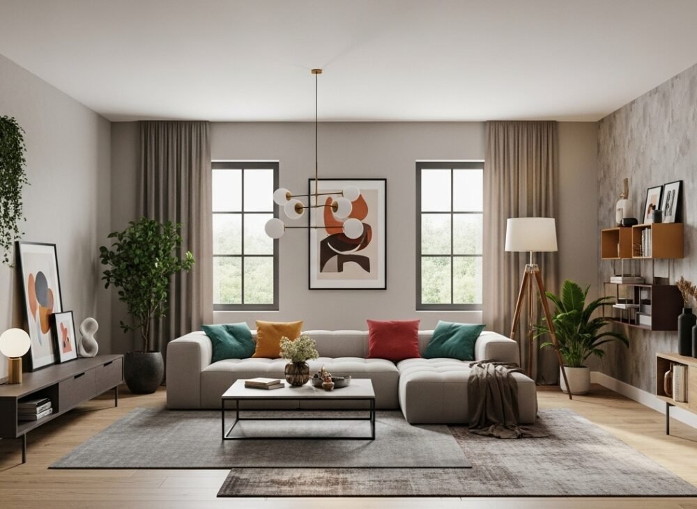 A stylish and innovative living room interior designed to feel fresh and modern. Open layout with large windows and natural sunlight. Neutral walls with one bold accent wall featuring textured or patterned design. Comfortable modular sofa with colorful throw pillows, sleek coffee table, and layered rugs for added texture. Indoor plants and vertical greenery bring freshness, while smart lighting adds warmth and flexibility. Creative shelving with decorative items, abstract wall art, and a mix of natural materials like wood, stone, and fabric. Realistic, inviting, and vibrant, blending innovation with everyday comfort.