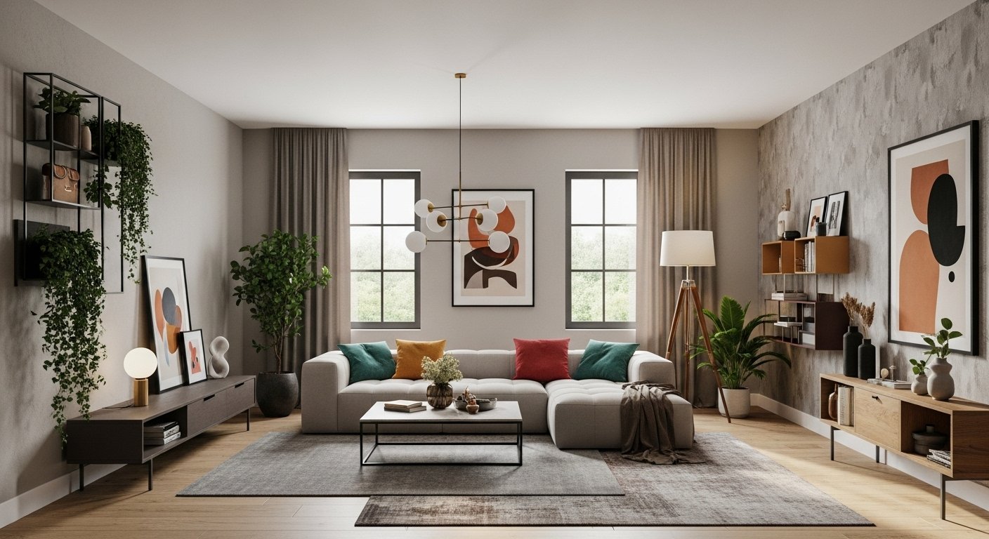 A stylish and innovative living room interior designed to feel fresh and modern. Open layout with large windows and natural sunlight. Neutral walls with one bold accent wall featuring textured or patterned design. Comfortable modular sofa with colorful throw pillows, sleek coffee table, and layered rugs for added texture. Indoor plants and vertical greenery bring freshness, while smart lighting adds warmth and flexibility. Creative shelving with decorative items, abstract wall art, and a mix of natural materials like wood, stone, and fabric. Realistic, inviting, and vibrant, blending innovation with everyday comfort.