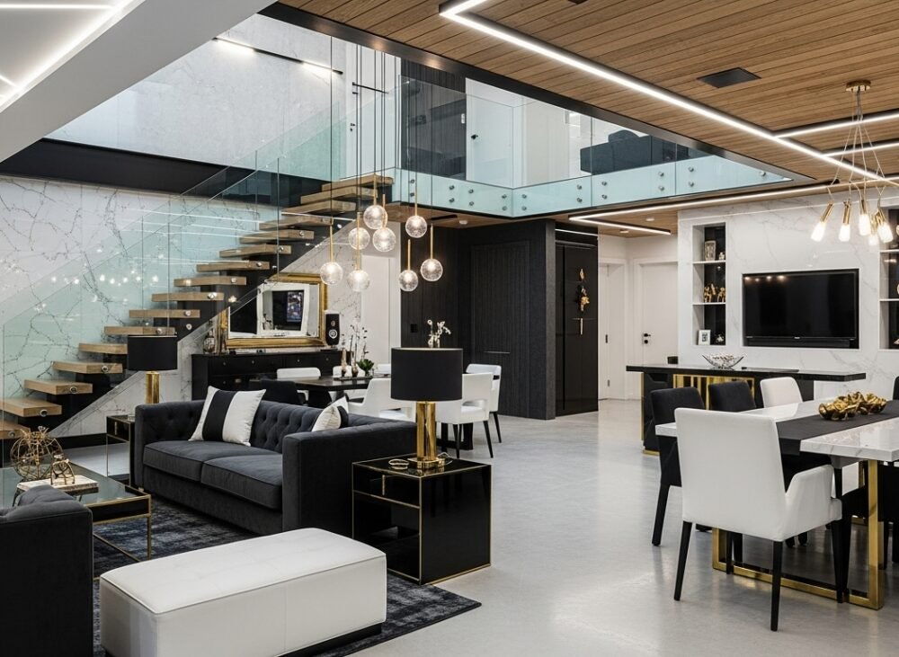 A bold and stylish modern home interior with creative design touches. Open-plan concept with floating staircases, glass railings, and statement feature walls. Sleek furniture in bold contrasting colors (charcoal, white, and gold accents) for a chic look. A mix of textures: polished concrete floor, wooden ceiling panels, and marble details. Innovative lighting design with LED strips, pendant lamps, and recessed ceiling lights creating layers of ambiance. Smart technology integrated seamlessly into the space, with hidden storage and multifunctional furniture. A contemporary and futuristic home design that feels artistic yet comfortable.