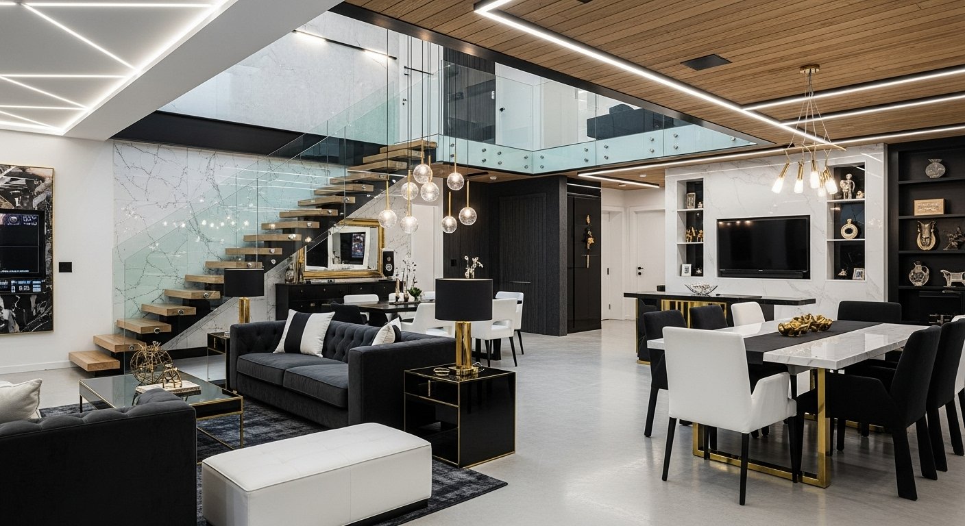 A bold and stylish modern home interior with creative design touches. Open-plan concept with floating staircases, glass railings, and statement feature walls. Sleek furniture in bold contrasting colors (charcoal, white, and gold accents) for a chic look. A mix of textures: polished concrete floor, wooden ceiling panels, and marble details. Innovative lighting design with LED strips, pendant lamps, and recessed ceiling lights creating layers of ambiance. Smart technology integrated seamlessly into the space, with hidden storage and multifunctional furniture. A contemporary and futuristic home design that feels artistic yet comfortable.