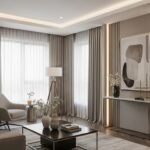 A chic modern home interior where every corner is designed with sleek concepts. Stylish living room with clean-lined furniture, glossy finishes, and soft neutral tones accented by metallic details. Corners transformed into functional spaces — a cozy reading nook with a modern armchair, a slim console table with decorative vases, and vertical shelving for storage and display. Large windows with sheer curtains allow natural light to highlight the textures of wood, stone, and glass. Subtle LED strip lighting enhances architectural details, creating a polished, contemporary, and realistic atmosphere that feels both refined and comfortable.