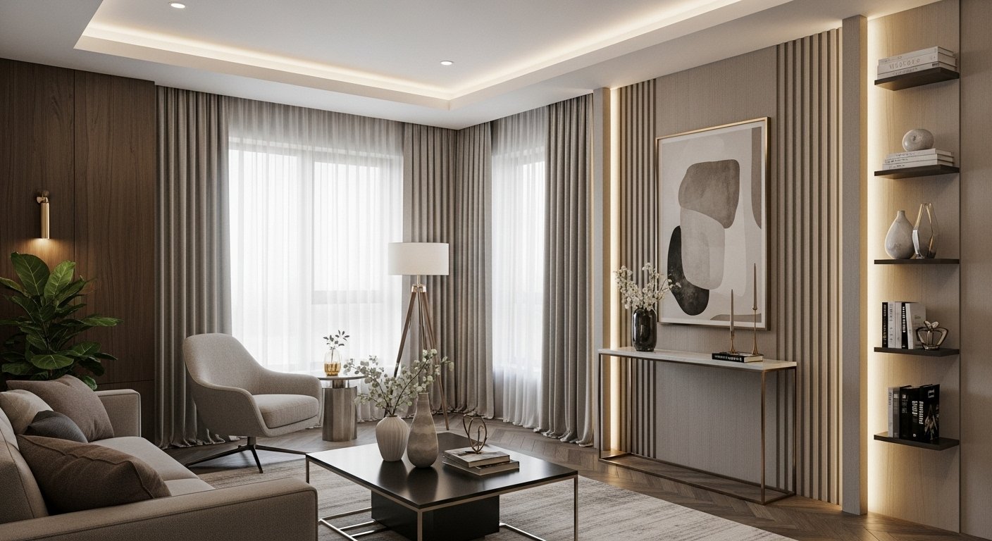 A chic modern home interior where every corner is designed with sleek concepts. Stylish living room with clean-lined furniture, glossy finishes, and soft neutral tones accented by metallic details. Corners transformed into functional spaces — a cozy reading nook with a modern armchair, a slim console table with decorative vases, and vertical shelving for storage and display. Large windows with sheer curtains allow natural light to highlight the textures of wood, stone, and glass. Subtle LED strip lighting enhances architectural details, creating a polished, contemporary, and realistic atmosphere that feels both refined and comfortable.